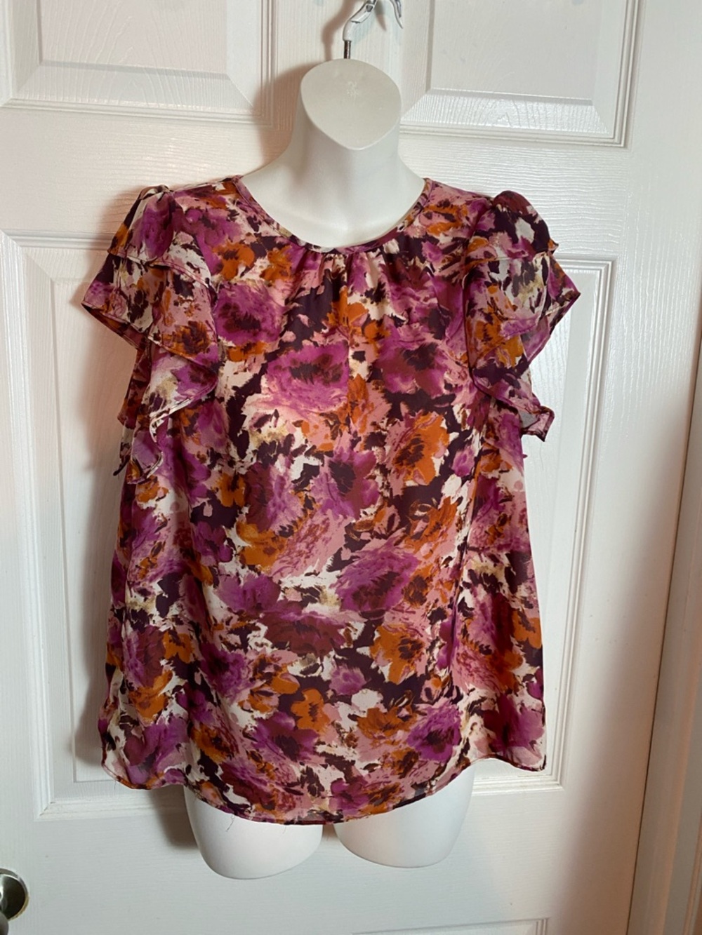 STATE Floral Ruffle Sleeve Blouse in Purple and Orange